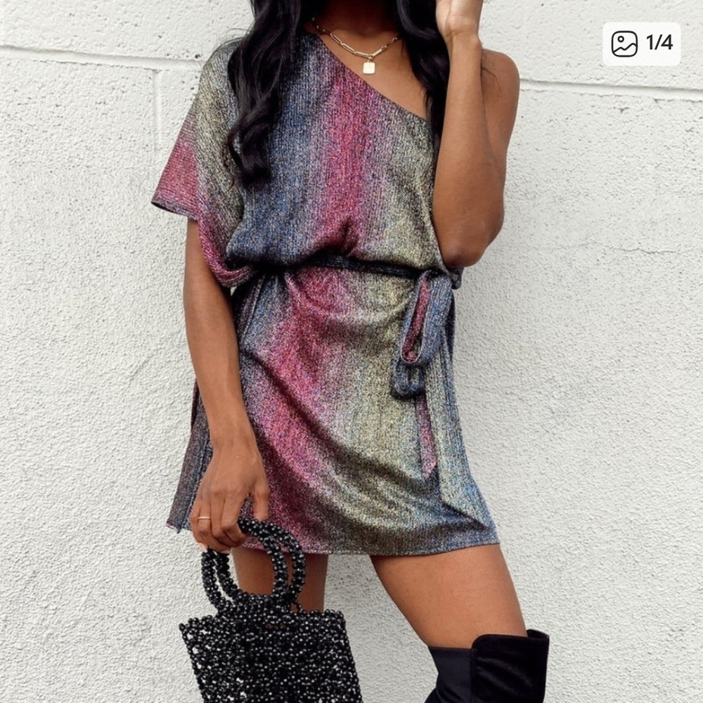 Elegant Gold Metallic Shimmer Multicolor One-Shoulder Dress